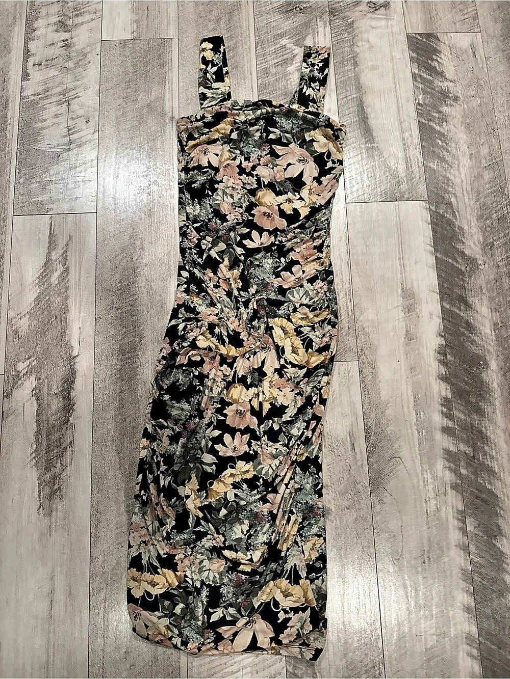 maurices Floral Ruched Mesh Midi Dress Black & Pink XS